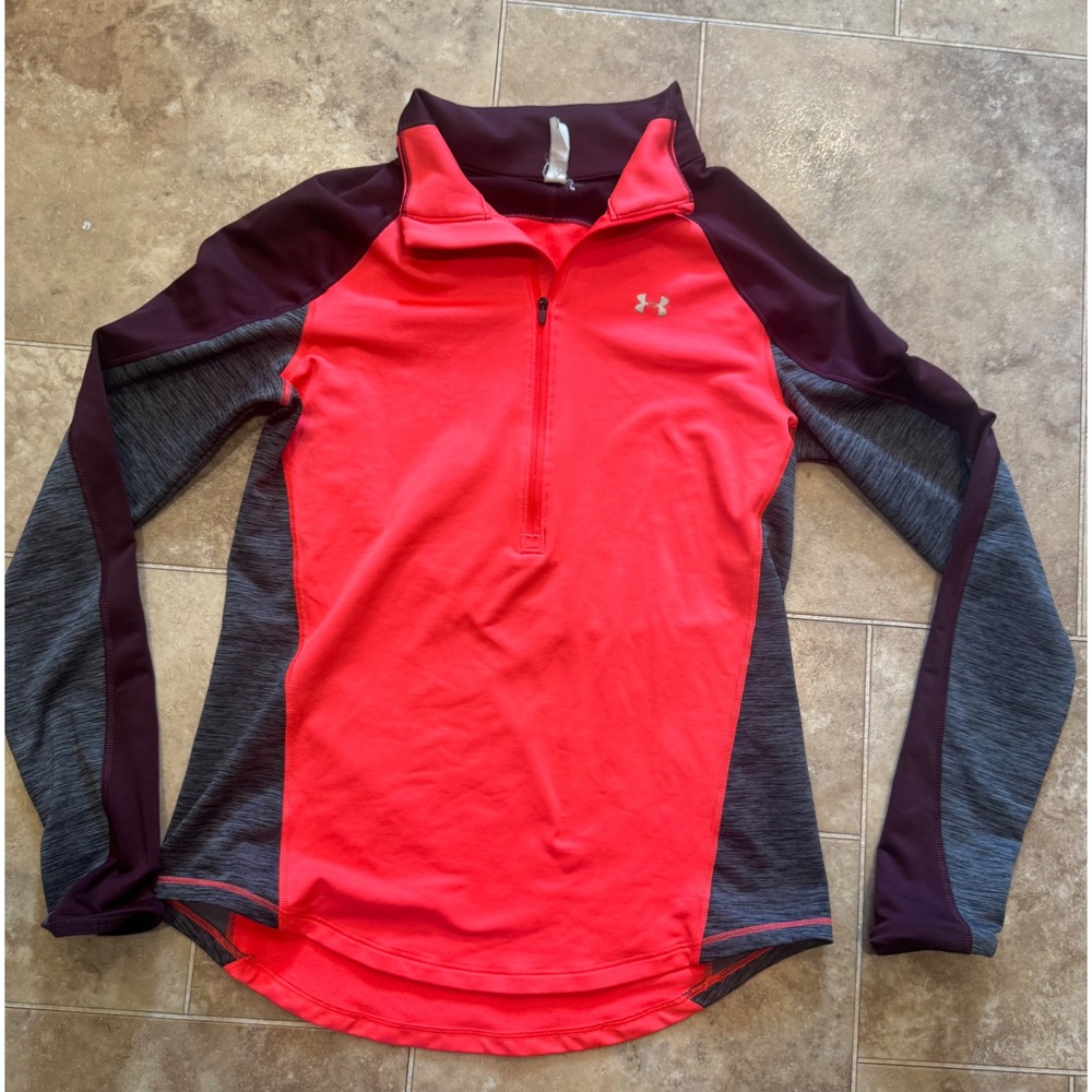 Under Armour Womens HeatGear 1/4 Zip Pullover Pink Purple Gray Long Sleeve Small